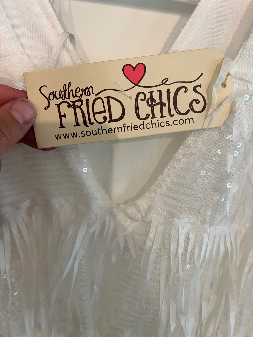 Southern Fried Chics White Fringe Maxi Dress with V-Neck - Picture 2 of 5